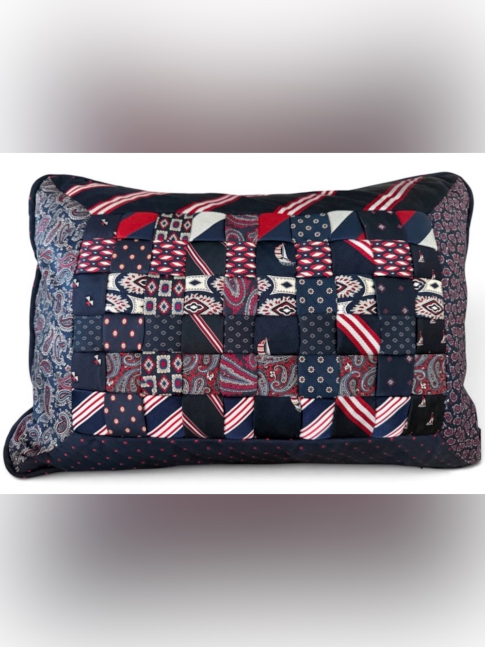 Silk Tie Patchwork Luxury Pillow - Navy & Red Stripes Paisley